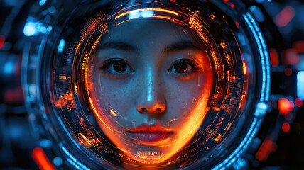 Poster - face scan hologram concept. Futuristic facial recognition interface with glowing elements and technology