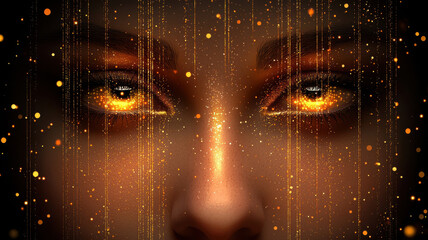 Poster - face scan hologram concept. Futuristic face with glowing eyes and sparkling particles, captivating beauty