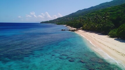 Wall Mural - Tropical Beach Scene With Lush Green Mountains And Clear Blue Water