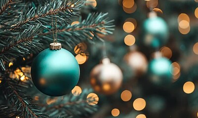 Wall Mural - A close-up of colorful ornaments hanging on a Christmas tree showcases the vibrant decorations and warm glowing lights in a cozy setting