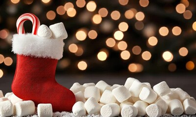 Poster - Colorful holiday stocking rests on table filled with marshmallows and a candy cane. Soft bokeh lights create a warm festive atmosphere