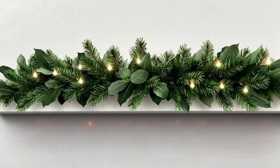 Wall Mural - Decorative greenery with lights is being placed on a shelf, creating a warm and inviting holiday atmosphere