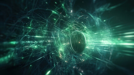 Poster - Abstract light streaks in a dynamic digital space with glowing green elements