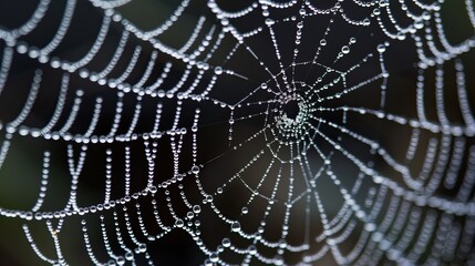 Close-up of a delicate spider web adorned with glistening dew drops in soft morning light.
