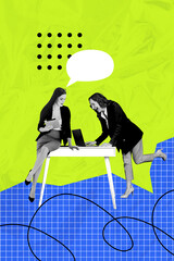 Poster - Vertical poster collage young woman entrepreneur formalwear agent office job worker checkered background laptop digital device
