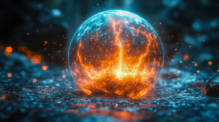 Poster - A luminous sphere with glowing orange cracks, surrounded by intricate patterns, in a futuristic or sci-fi environment