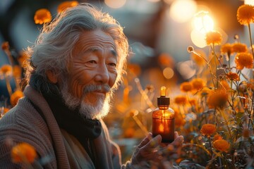 Wall Mural - A serene East Asian man carefully examines a bottle of anti-aging serum under the soft glow of a setting sun. Surrounded by the peaceful greenery of a rooftop garden in the city.