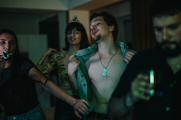 Poster - A group of young adults having a lively time at a birthday party, dancing and enjoying the festive atmosphere. Includes a focus on joyous interactions and celebratory mood.