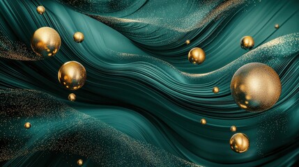 Poster - Enchanting Abstract Backdrop Featuring Forest Green Waves and Gold Spheres for Creative Use