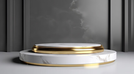 Poster - White marble pedestal with gold in the studio room, mockup stand for presentation.