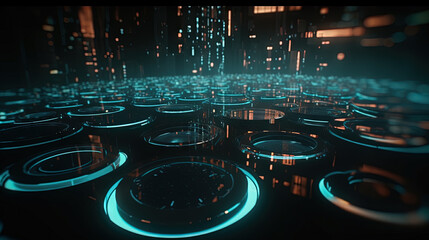 Poster - Technology abstract background with hud styled round interface elements in neon tech light.