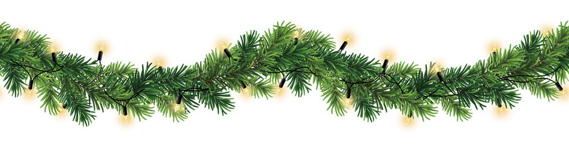 Wall Mural - seamless decorative christmas border with lights garland and coniferous branches isolated on transpa