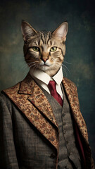  Majestic Cat Dressed in Vintage Elegance Stands Against a Dramatic Backdrop