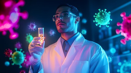 Poster - Scientist in Laboratory Holding Test Tube with Colorful Virus Particles in Background, Symbolizing Research, Innovation, and Health Advancements in Modern Medicine