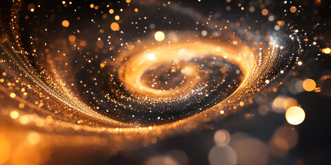 Poster - Golden Spiral Galaxy: Abstract swirling cosmic art with glittering gold dust and bokeh lights, perfect for backgrounds, space themes, and luxury designs. 