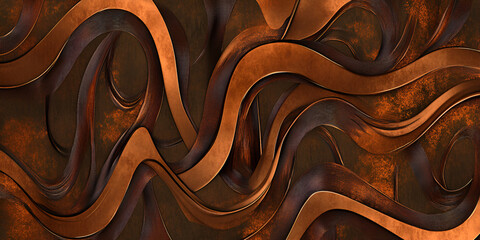 Poster - Abstract Copper Waves: A mesmerizing digital artwork featuring a seamless pattern of undulating, copper-toned waves. The interplay of light and shadow creates a dynamic and textured surface.