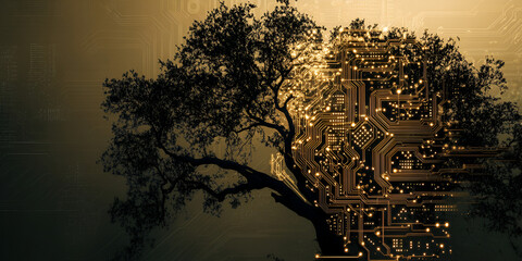 Poster - The Golden Brain: Nature and Technology Merge. Abstract image of an olive tree morphing into a circuit board, representing the intersection of nature and technology.