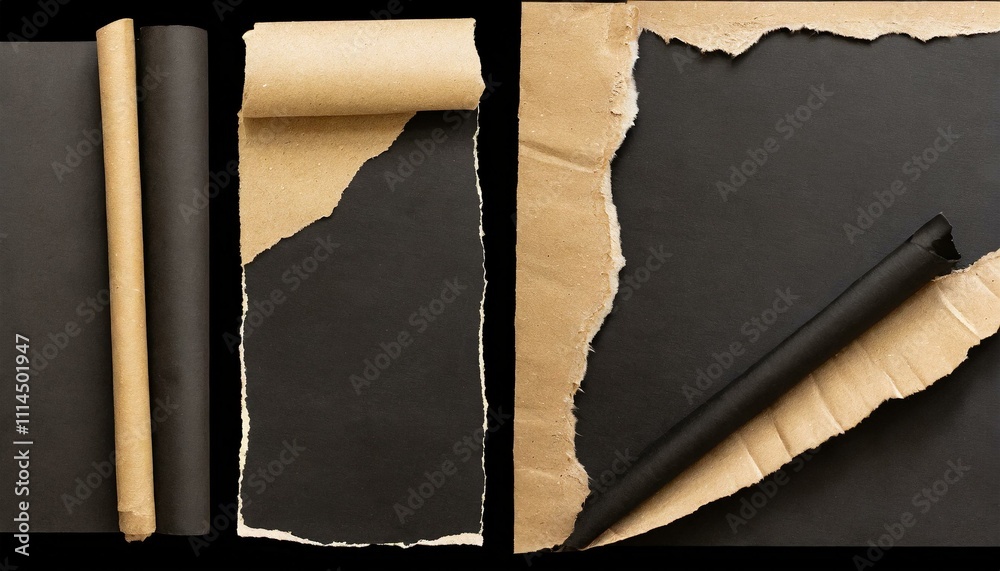 Vintage torn black paper sheets with curled edges on a textured beige ...