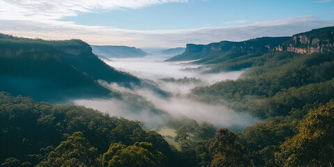 Poster - Misty Mountain Majesty: Aerial view of a breathtaking valley shrouded in mist, showcasing lush greenery, dramatic cliffs, and a serene atmosphere.  