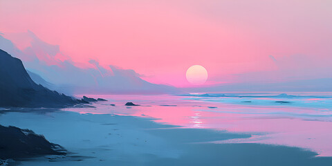 Wall Mural - Pink Sunset Beach: Serene ocean waves lap a tranquil beach at sunset, the sky ablaze with pastel pink and blue hues. A dreamy seascape, perfect for relaxation and escape. 