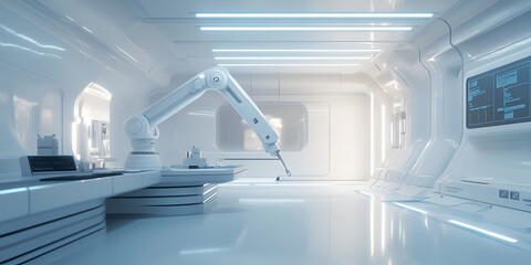 Poster - Futuristic Robotic Laboratory: A sterile, minimalist lab interior features a sleek, white robotic arm poised over a futuristic workstation.