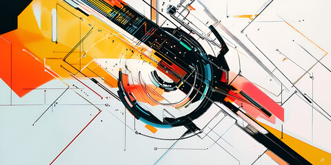 Poster - Abstract Digital Art: A vibrant tapestry of geometric shapes and lines, interweaving in a dynamic composition. Bold colors like orange, yellow, red, and blue create a sense of movement and energy.