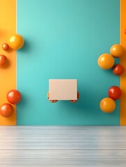 Poster - Cheerful 3D animated figure firmly grasping a plain geometric box crafted with a kid friendly style and centered on a clean minimalist surface  Creative design concept for toy