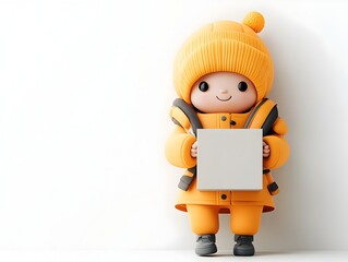 Poster - Charming and Expressive 3D Rendered Whimsical Animated Figure Clutching a Plain Four Sided Cardboard Box Situated on a Pristine White Background in a Vibrant Light and Airy Contemporary Style