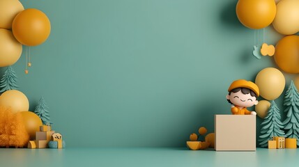 Poster - A 3D rendered image showcasing a playful illustrated protagonist firmly gripping a plain cuboid cardboard container intended for a kid friendly merchandise placed within a minimalist