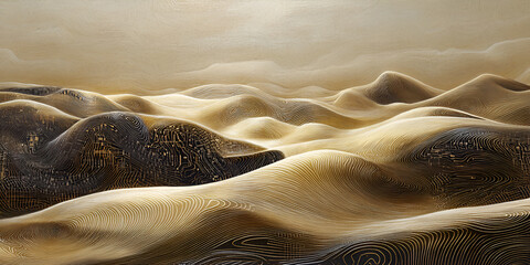 Poster - Golden Desert Dreams: A surreal landscape of rolling golden hills and valleys, bathed in a warm, ethereal light, evokes a sense of tranquility and wonder.