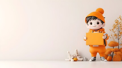 Poster - Charming 3D Rendered Cartoon Character Confidently Displaying Unmarked Rectangular Parcel on Clean White Background Suitable for Kid Friendly Product Packaging or Merchandise