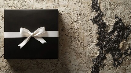 Poster - Sleek and modern black gift box with a minimalist white ribbon positioned on a textured neutral background with ample copy space on the sides for branding advertising or product display purposes