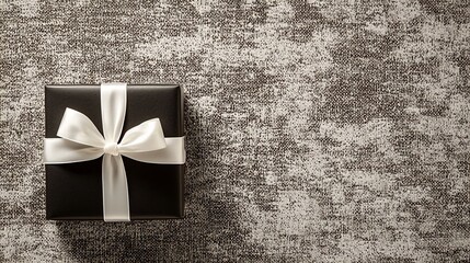 Poster - Minimalistic Photograph of a Sleek Black Gift Box with a Minimalist White Ribbon Positioned on a Textured Neutral Background with Ample Copy Space on the Sides  Elegant Modern