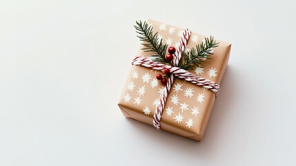 Poster - Minimalist Photograph of a Small Gift Box Wrapped in Kraft Paper Tied with Red and White Twine Decorated with a Tiny Sprig of Pine and a Red Berry