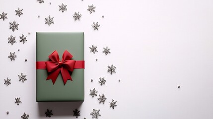 Poster - Minimalistic rectangular matte green gift box with a simple red ribbon bow surrounded by scattered snowflakes on a plain white background leaving plenty of copy space for design or text overlay