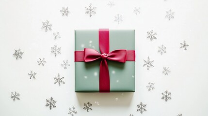 Poster - Minimalist green rectangular gift box with a simple red ribbon bow surrounded by scattered white snowflakes on a plain white background leaving ample copy space for design or text overlay