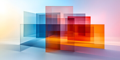 Poster - Abstract Glass Layers:  A vibrant and artistic composition featuring translucent glass panels in various shades of blue, red, and orange, creating a captivating interplay of light and shadow.  