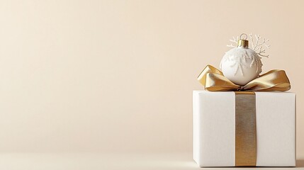 Poster - Elegant minimalist photograph featuring a white gift box with a gold ribbon topped with a delicate Christmas ornament positioned on a soft beige background with ample copy space for text or overlay