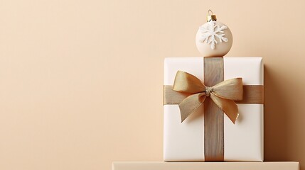 Poster - Elegant white gift box with a delicate golden ribbon and a beautiful Christmas ornament positioned on a soft and warm beige background