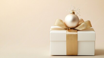 Poster - Elegant minimalistic photograph of a white gift box with a shimmering gold ribbon topped with a delicate Christmas ornament