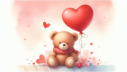 Wall Mural - cute watercolor teddy bear, red heart balloon, valentine's day card, mother's day