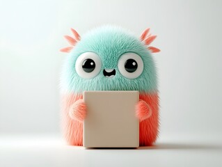 Poster - Charming and whimsical 3D rendered animated entity tightly gripping a simple square cardboard container featuring vibrant colors soft and playful features suitable for kid centric merchandise