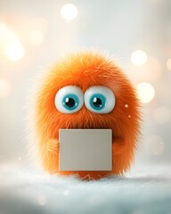 Poster - Endearing and Charming Animated Entity with Expressive Face Grasping a Simple Square Cardboard Container Ideal for Kid Friendly Merchandise Set Upon a Pristine White Backdrop with Soft Even Lighting