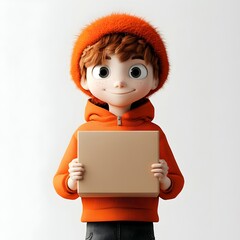 Poster - Delightful 3D Rendered Animated Figure Firmly Grasping a Simple Square Cardboard Package Conveying a Sense of Joy and Wonder Perfect for Family Friendly Merchandise Captured in a Bright