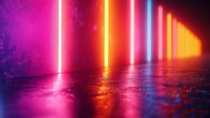 Poster - Vibrant neon light beams casting colorful reflections on a dark, textured surface with a futuristic ambiance