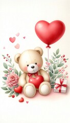 Wall Mural - cute watercolor teddy bear, red heart balloon, valentine's day card, mother's day