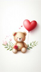 Wall Mural - cute watercolor teddy bear, red heart balloon, valentine's day card, mother's day