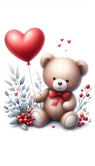 Wall Mural - cute watercolor teddy bear, red heart balloon, valentine's day card, mother's day