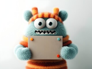 Poster - Whimsical 3D Rendered Anthropomorphic Creature with Expressive Features Firmly Holding an Unbranded Rectangular Cardboard Package Designed for Children