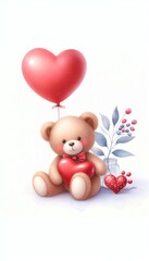 Wall Mural - cute watercolor teddy bear, red heart balloon, valentine's day card, mother's day